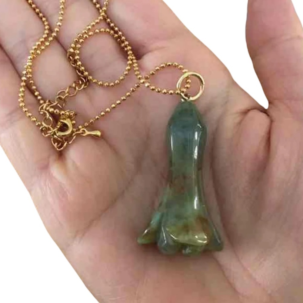Hand-carved natural green moss agate tulip pendant